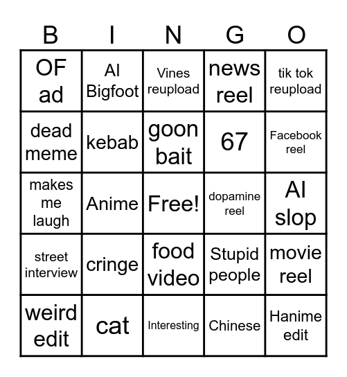 Instagram reel bingo Card