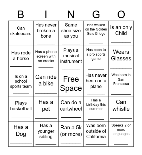 YOUTH HUMAN BINGO Card
