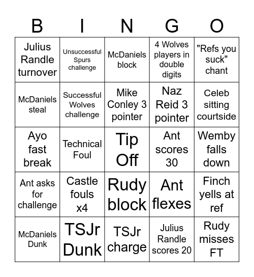 Wolves vs Spurs Game 6 Bingo Card