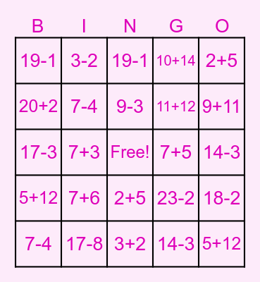 Addition and Subtraction Bingo Card