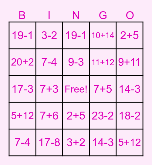Addition and Subtraction Bingo Card