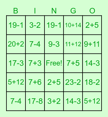 Addition and Subtraction Bingo Card