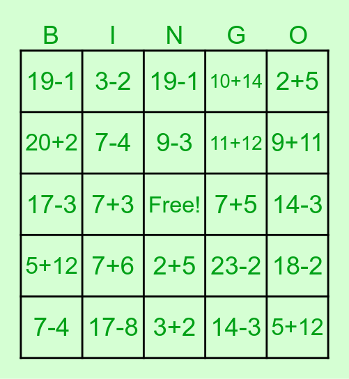 Addition and Subtraction Bingo Card