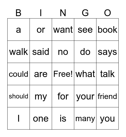 Irregular Word Bingo Card