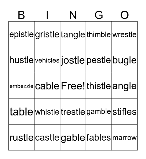 -stle, -tle, -le Bingo Card