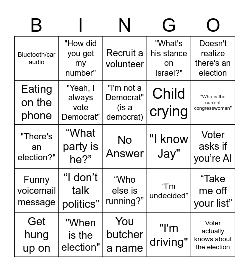 Phone Bank Bingo! Bingo Card