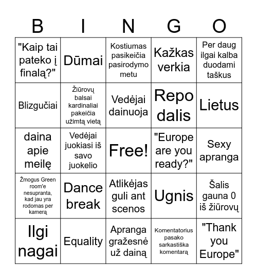 Eurovision Bingo Card