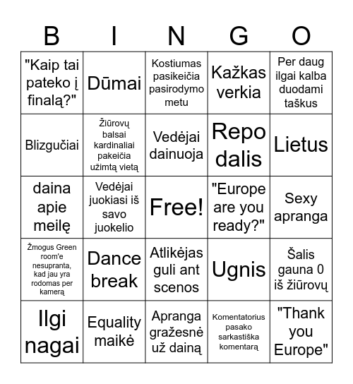 Eurovision Bingo Card