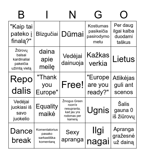 Eurovision Bingo Card