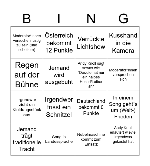ESC 2026 Bingo Card
