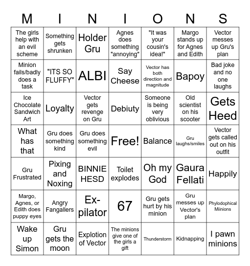 Despicable Me Bingo Card