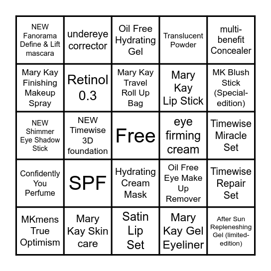 Mary Kay Product Bingo Card