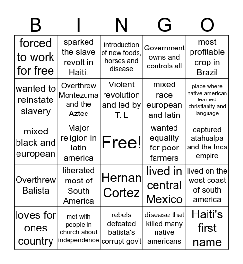 Latin Independence Movement Bingo Card