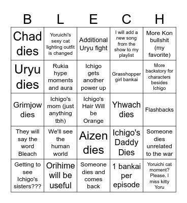 Bleach Bingo Card