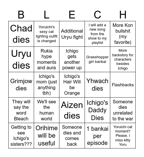 Bleach Bingo Card