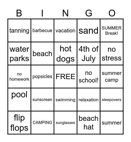 Summer Time Bingo Card