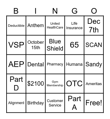 Take Action Insurance Bingo Card