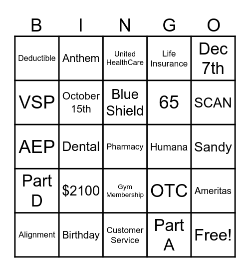 Take Action Insurance Bingo Card