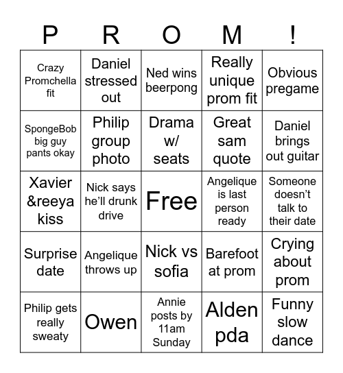 Prom 26 Bingo Card