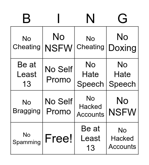 IOFGH Rules Bingo Card