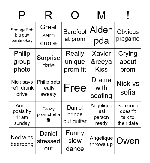 Prom 26 bingo Card