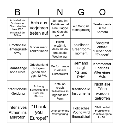 ESC 2026 Bingo Card