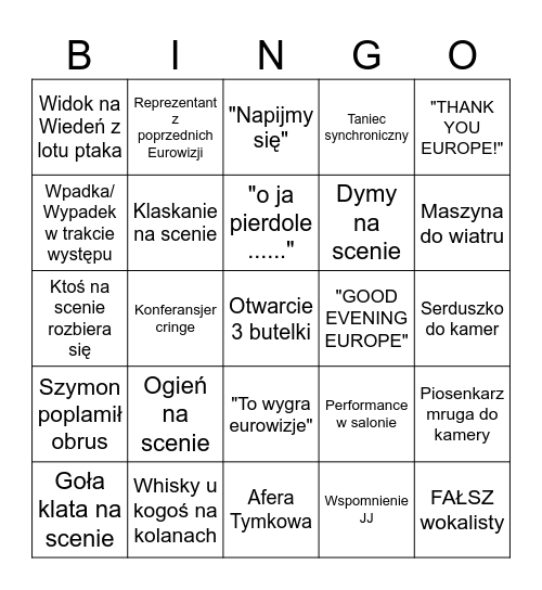 Eurowizja 2026 Bingo Card