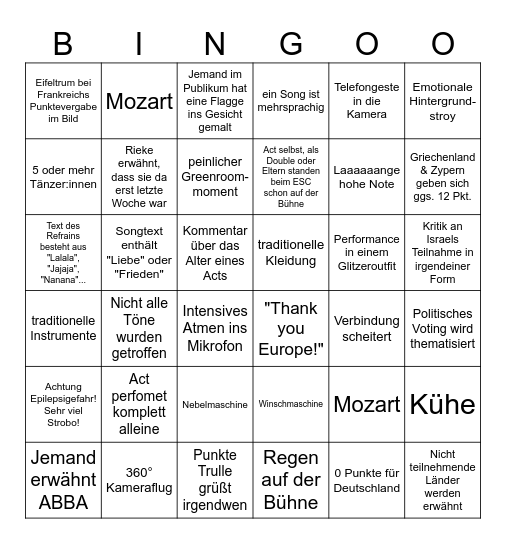 ESC 2026 Bingo Card