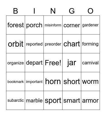 R controlled (ar, or) Bingo Card