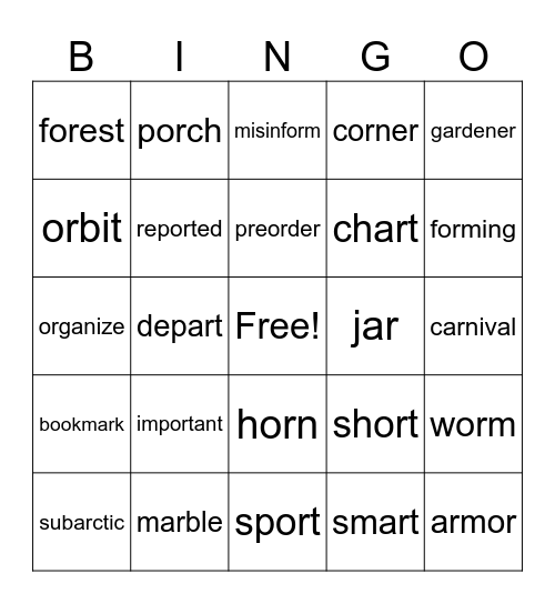 R controlled (ar, or) Bingo Card
