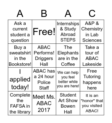 ABAC Bingo Card