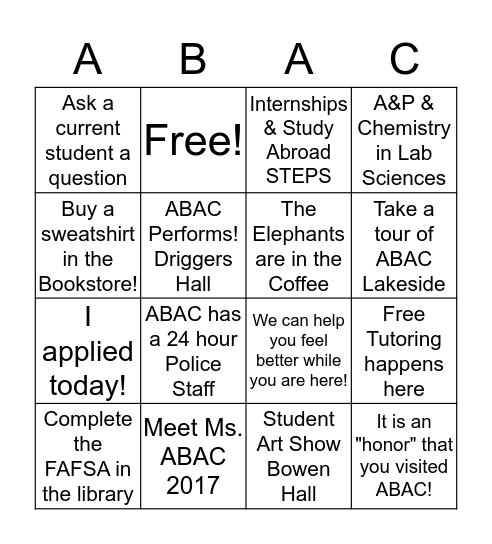 ABAC Bingo Card