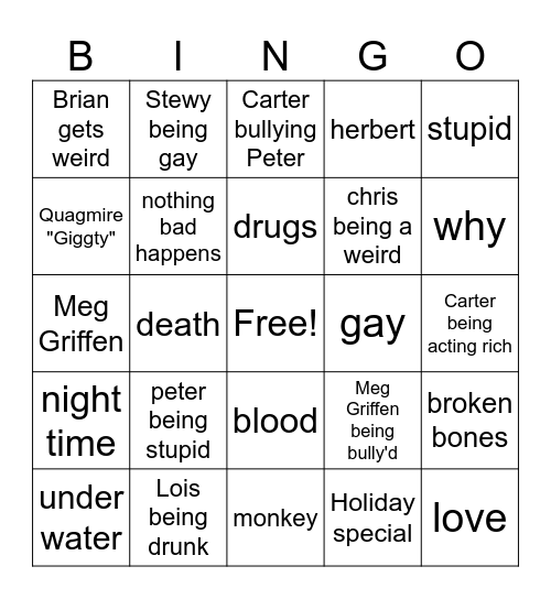 family guy Bingo Card
