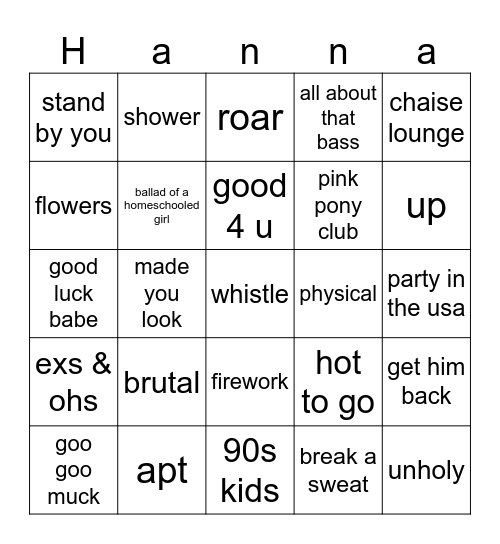 Hannah Bingo Card