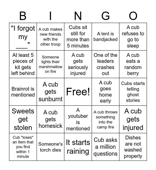 Cub Camp bingo Card