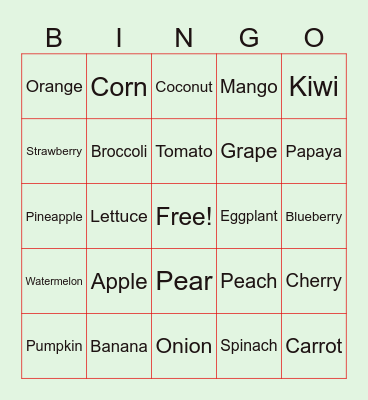 Fruits and vegetables Bingo Card