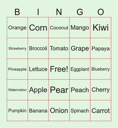 Fruits and vegetables Bingo Card
