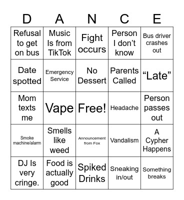 Senior Ball Bingo Card