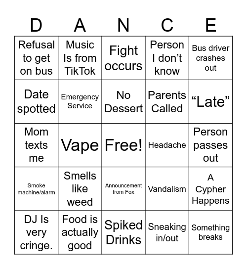 Senior Ball Bingo Card