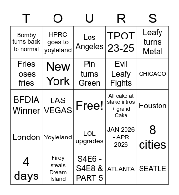 BFDIA 25 and 2026 TOUR & Part 5 Bingo Card