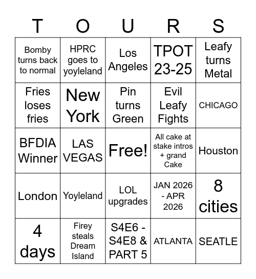 BFDIA 25 and 2026 TOUR & Part 5 Bingo Card