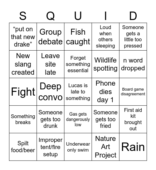 SOTO+ Camping Trip Bingo Card