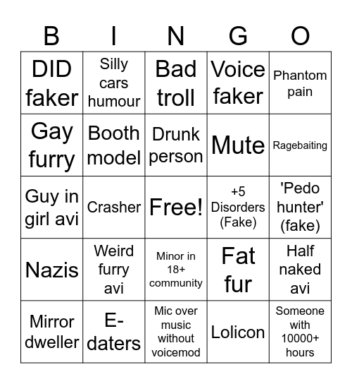 Vrchat Bingo Card
