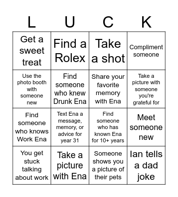 Ena's 31st Birthday Bingo Card