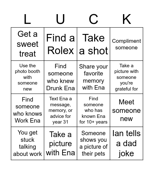 Ena's 31st Birthday Bingo Card