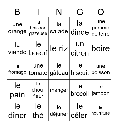 La Nourriture Bingo Card