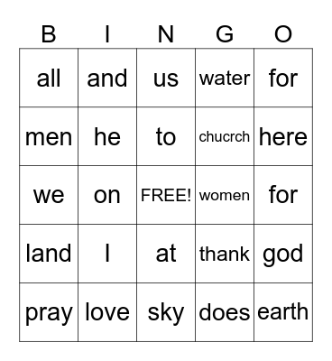 Church Bingo Card
