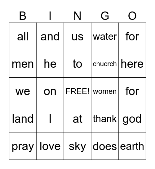 Church Bingo Card