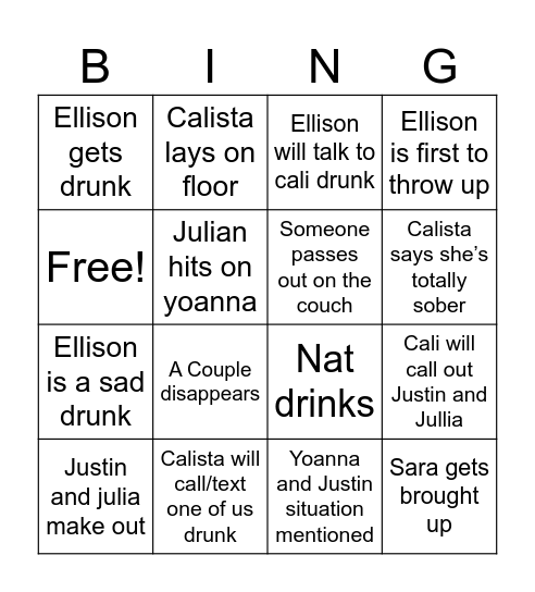 Nasty 19 Bingo Card