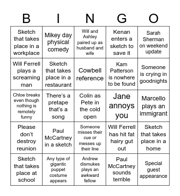 SNL SEASON FINALE Bingo Card